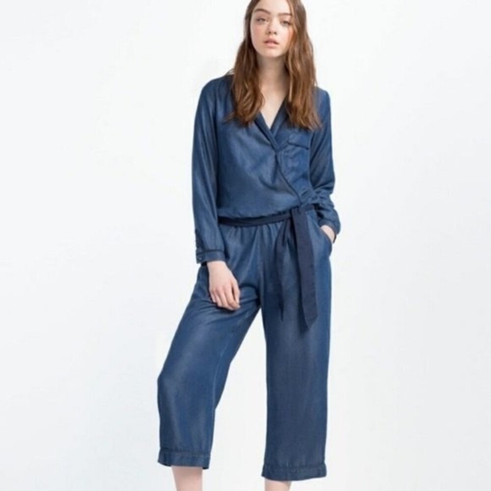 Zara Woman Belted Chambray Long Sleeve Jumpsuit M